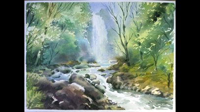 Watercolor Landscape Painting Forest Waterfall