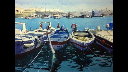 Watercolour demonstration by Tim Wilmot How to paint Boats and Reflections 7