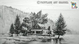 How to Draw Wooden House At Mountain Landscape Area And Lake With Pencil Easy Pencil Strokes