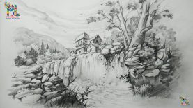How To Draw A Landscape With Waterfall With PENCIL Pencil Art