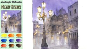 Landscape Watercolor Night Street Masking Work wet in wet Arches rough NAMIL ART