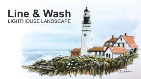 Pen and Ink with Watercolor Line and Wash Lighthouse Landscape