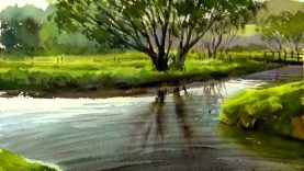Watercolor Painting landscape Trees Silhouetted against a Lake