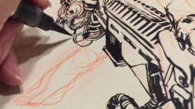 Drawing with a Pentel ink brush pen Kick Ass Sci fi Girl