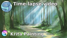 Forest landscape with a path and sunbeams. Speed art with Krita