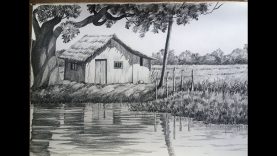Landscape drawing in pencil village scenery drawing house drawing