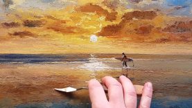 Surfer Sunset How to Oil Painting Palette Knife Brush Beach Ocean Waves Dusan
