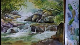 Watercolor Landscape painting a Water Stream