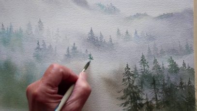 watercolor trees in the mist