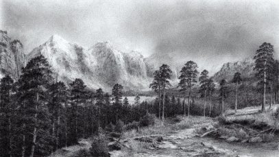 Drawing Scenery of Mountains and Trees with Pencil Time Lapse