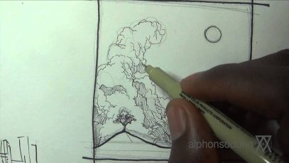 Pen amp Ink Drawing Tutorials How to draw a night sky landscape with moon stars amp clouds