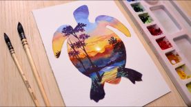 Watercolor painting tutorial sunset landscape easy Double exposure painting