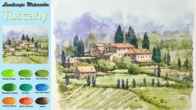 Drawing Landscape Watercolor Toscany Italy wet in wet fabriano rough NAMIL ART