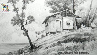 How To Draw A Small Wooden House On Upland Scenery With Pencil Step by Step