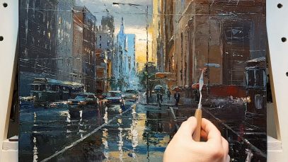 In the Rain City Palette Knife Brush Oil Painting Going Home Dusan