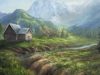 Oil Painting Mountain Cabin Landscape
