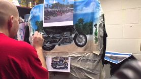 Airbrush painting Harley Davidson motorcycle on leather jacket