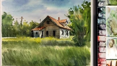 Watercolor Landscape Painting little house in the Meadow