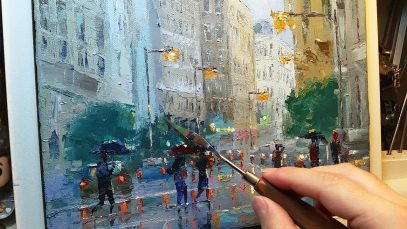 In the Rain How to Oil Painting Palette Knife Brush City Walk Wet Street Dusan