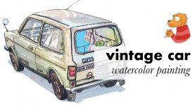 Painting a vintage car with watercolors