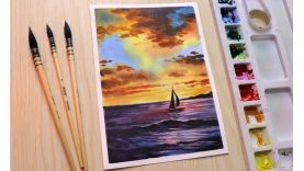 Watercolor painting tutorial of sunset cloud landscape step by step