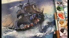 How to paint stormy watercolor ocean painting – pirate ship painting techniques