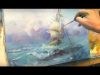 Sailboat among the waves. Oil painting