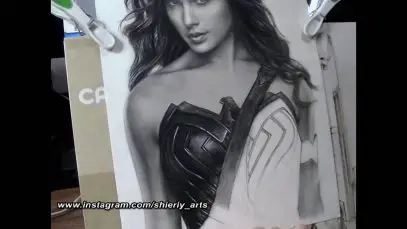 Realism Portrait Drawing Of Gal Gadot as Wonder Woman with Graphite Pencil