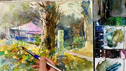 Eng sub How to paint Japanese Temple Landscape Watercolor tutorial