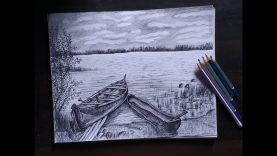 Simple scenery drawing in pencil River and boats pencil sketch
