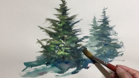 Eng sub Watercolor Tree Painting Easy Tutorial 3 Coniferous tree 水彩画の基本 〜もみの木を描くコツ