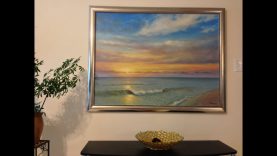 Oil painting of the ocean at sunset
