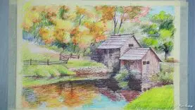 Painting A House Landscape with Watercolor Pencil step by step