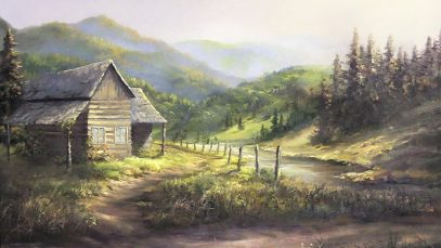 Rustic Cabin Oil Painting Landscape Art