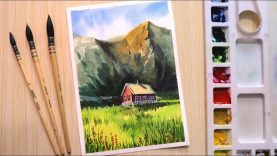 Watercolor painting ofi beautiful house landscape scenery easy