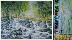 Watercolor Landscape Painting Waterfall in Wet on Wet paint