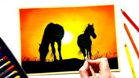 Drawing grazing horses at sunrise Soft pastels Leontine van vliet