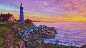 Sunrise Lighthouse Seascape Acrylic Painting LIVE Tutorial