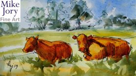 Quick and loose cows and landscape en plein air painting using watercolour and sharpie