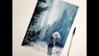 Winter Scenery Little Boy in Watercolor Painting
