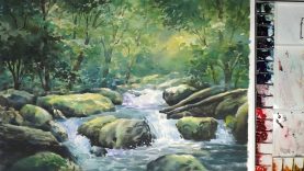 Forest Stream landscape Watercolor Painting