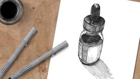 Pen and Ink Drawing Ink Bottle with Cross Hatching