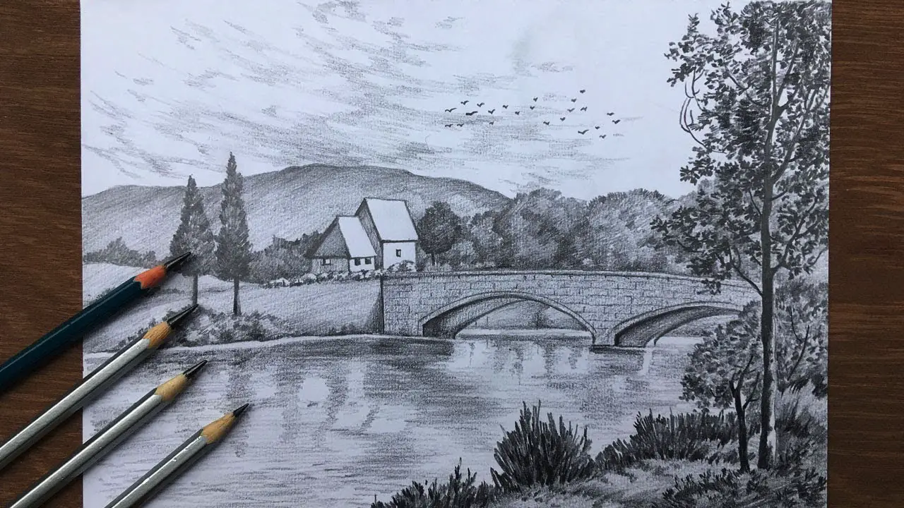 how to draw easy pencil sketch scenery step by steplandscape and river  side scenery drawing  Landscape pencil drawings Sky art painting Nature  art painting