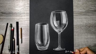 Simple Drawing Glass cup white pencil on black paper drawing pad