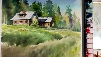 Watercolor Painting Wooden house in the forest