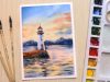 Watercolor painting of beautiful seaside landscape scenery easy