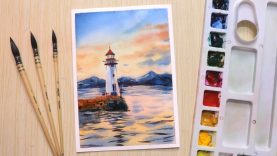 Watercolor painting of beautiful seaside landscape scenery easy
