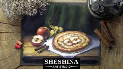 How to draw a still life with apple pie with soft pastels