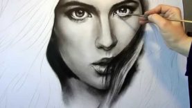 Black and white speed drawing of woman portrait in dry brush. Part 1