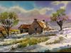 Watercolor Landscape Painting Winter farm